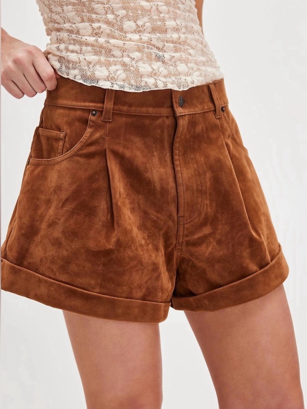 Free People Brown Baggy Oversized Vegan Suede Leather Short Elastic Waist size M